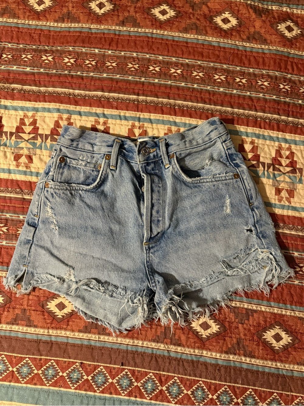 Agolde Jaden Blue Frayed High-Rise Denim Cutoff Shorts size 25